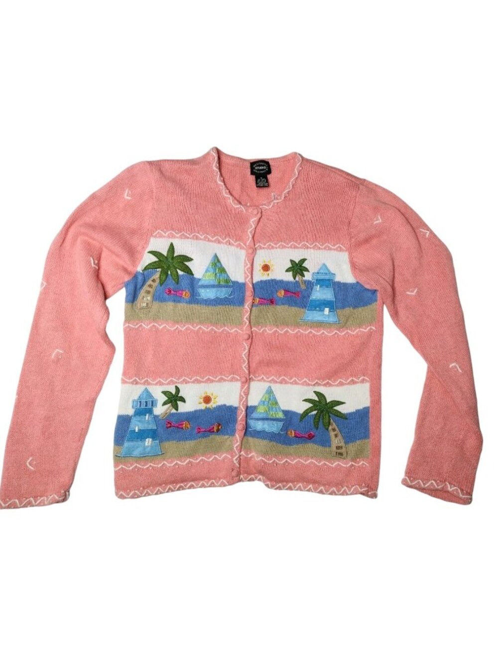 Beaded Coastal Cardigan Sweater M Embroidered Tropical Artsy Beach Sailboat